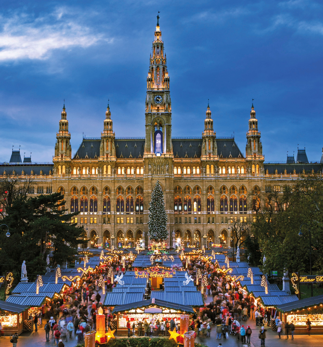 Vienna Christmas Markets at night lit up with Christmas lights