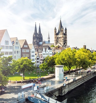 View of Cologne Cathedral and sidewalk from the river Rhine