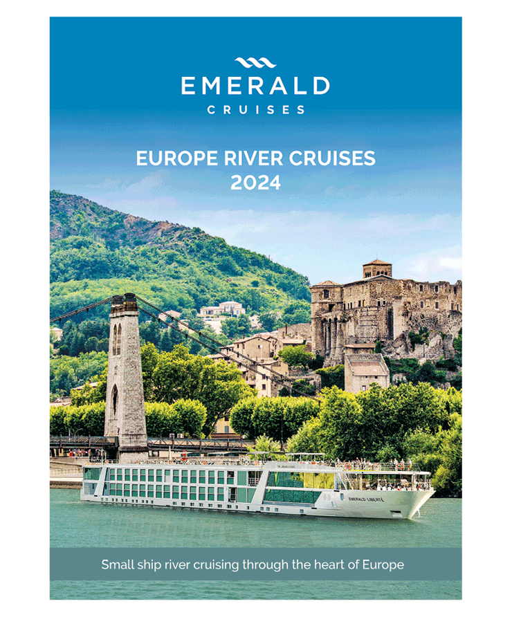 A luxury river cruise brochure, featuring a ship sailing past a hilly region, near a town with Medieval-style buildings 
