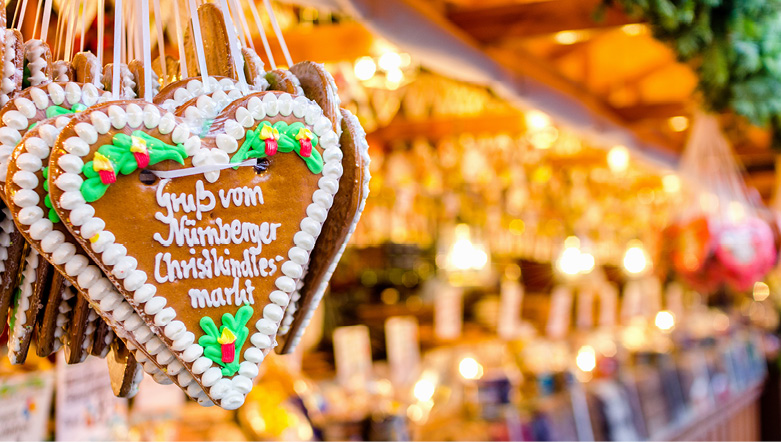 Christmas Market stall with hanging gingerbread