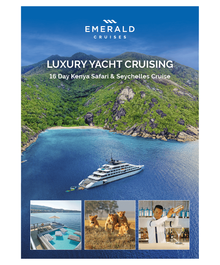 Brochure cover for Seychelles cruise and Kenya safari 2024