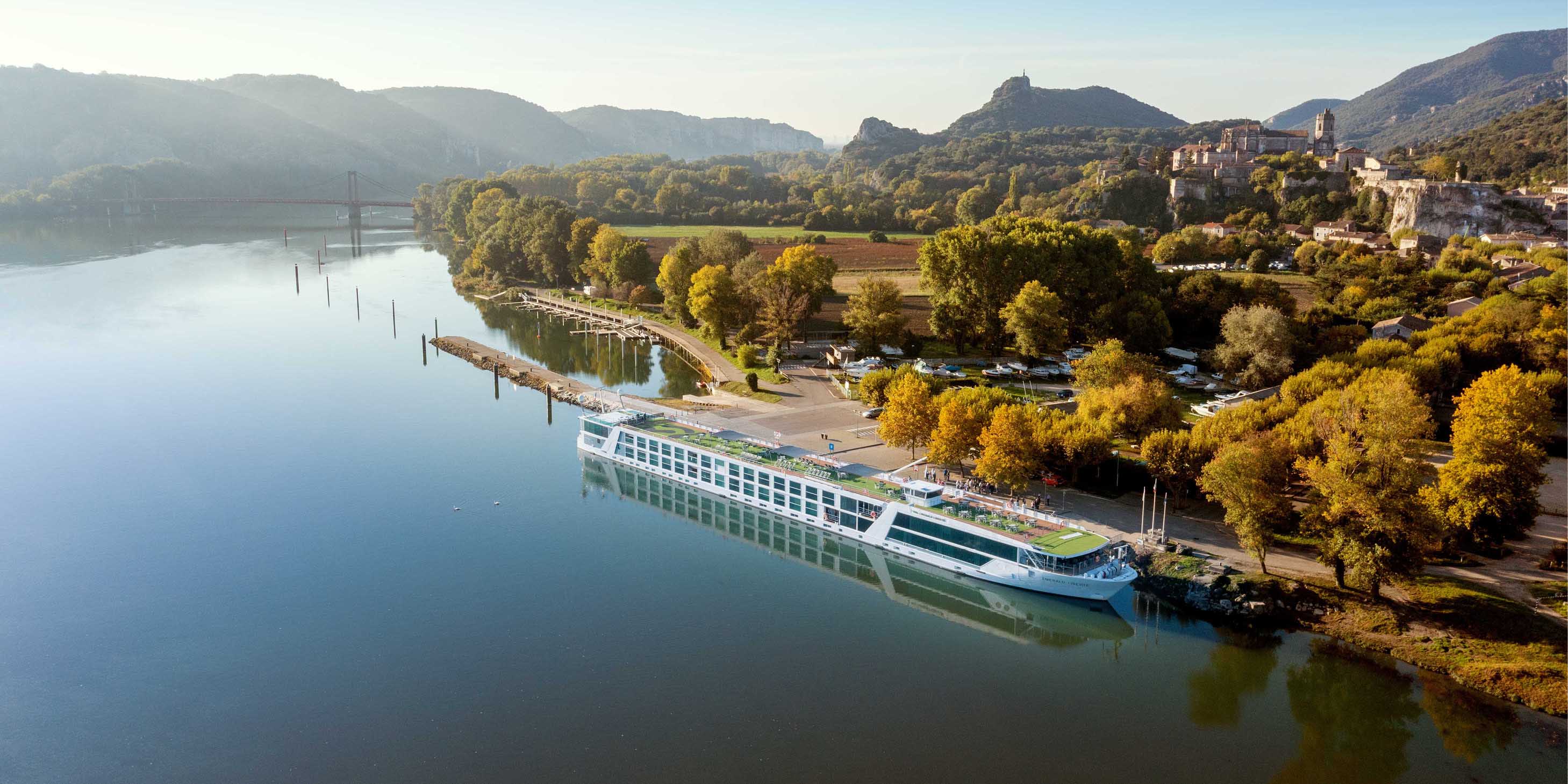 Emerald Cruises luxury Star-Ship docked in Viviers, a quaint French town nestled on the banks of the Rhône River.