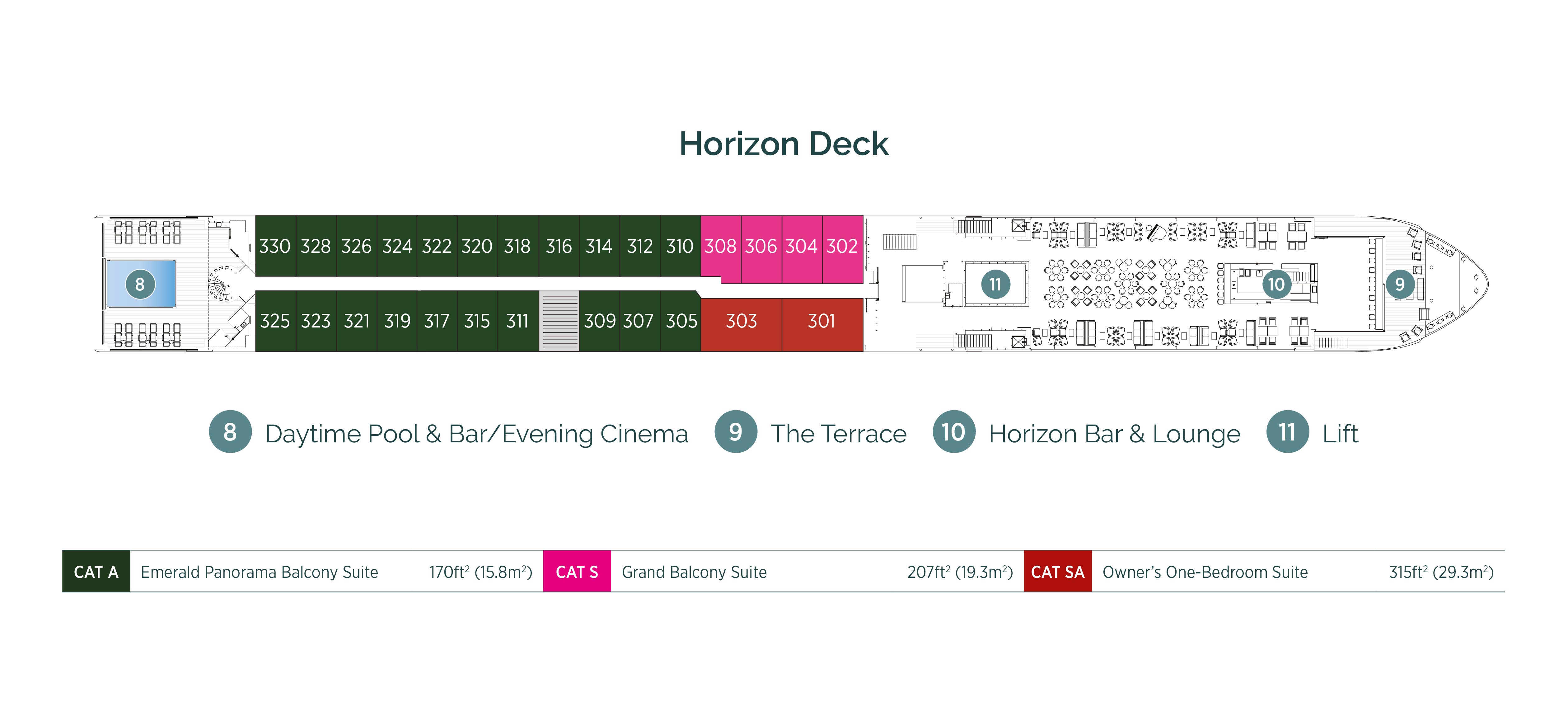 Diagram of ship layout for the Horizon Deck of Emerald Cruises’ France river cruising Star-Ship, Emerald Liberté