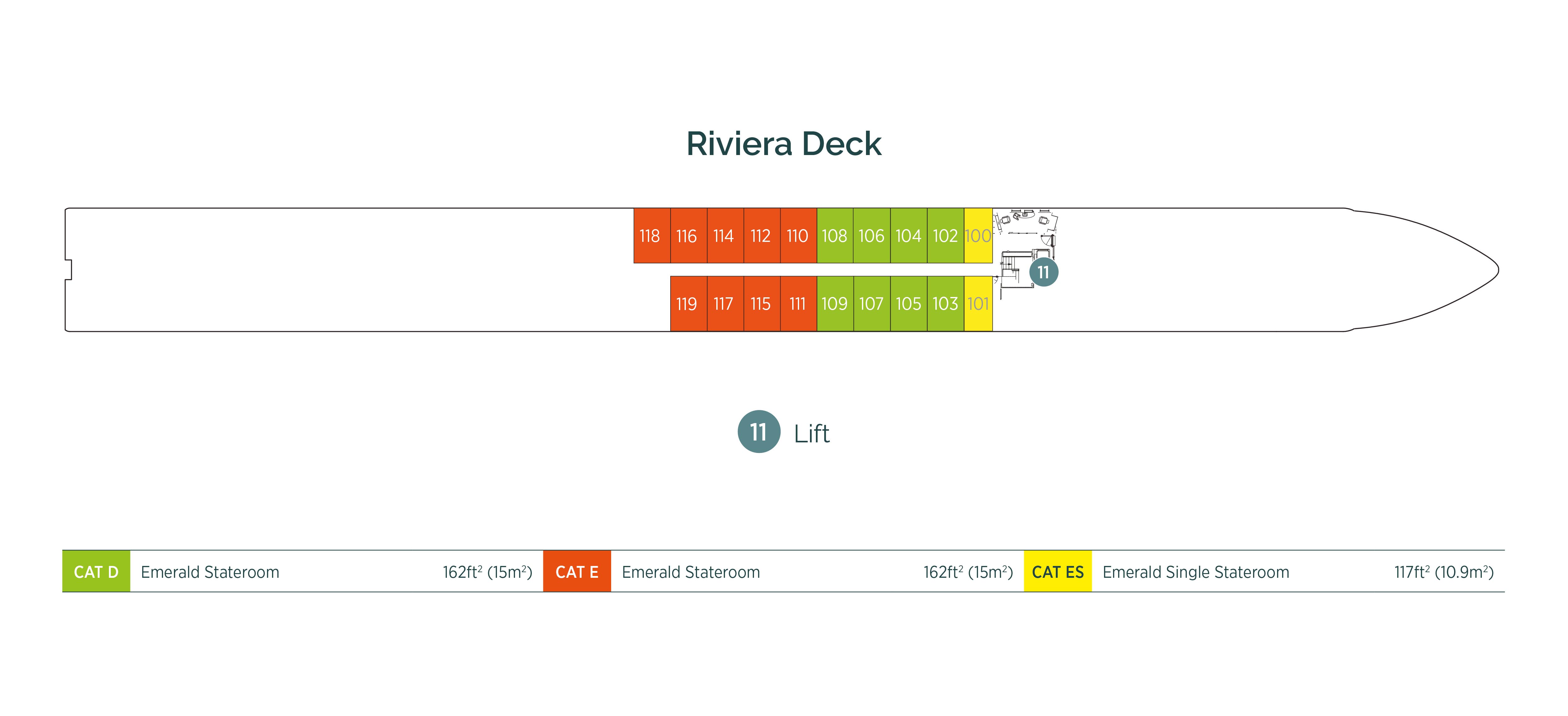 Diagram of ship layout for the Riviera Deck of an Emerald Cruises Europe river cruising Star-Ship