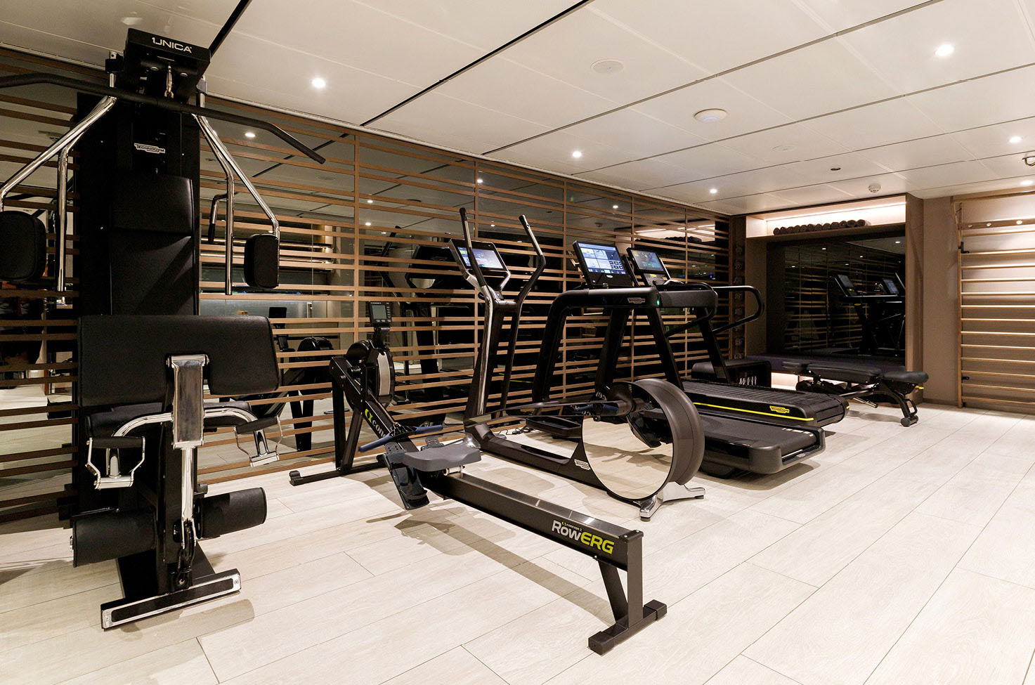 A bright and spacious gym with equipment such a rowing machines, weight machines, and treadmills